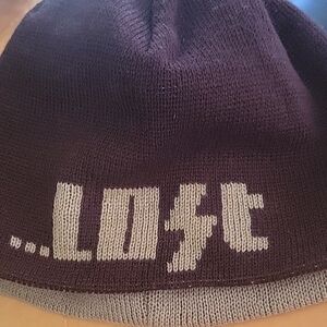 Purple and Gray Knit Beanie with White 'LOST' Text
